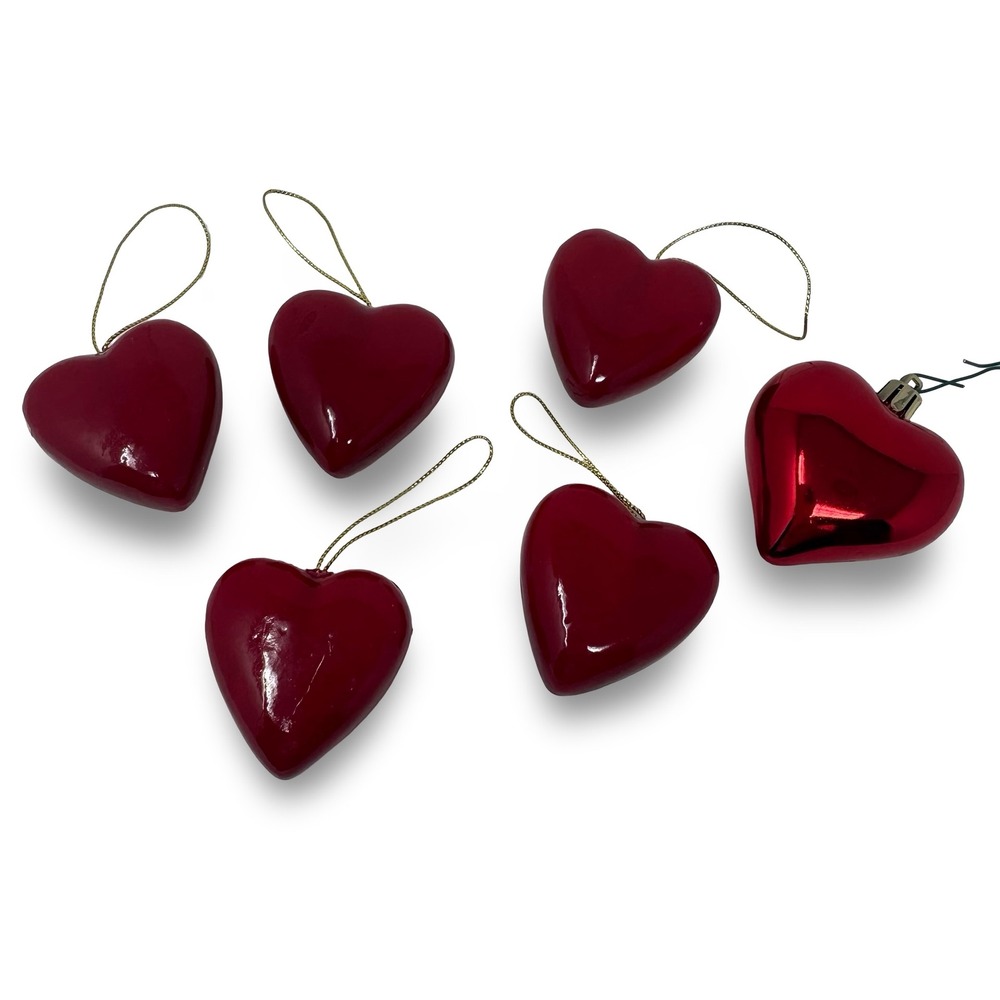 Vintage Red Heart Mini Ornament Christmas Lot of 6 Made in Taiwan ROC Glossy 80s